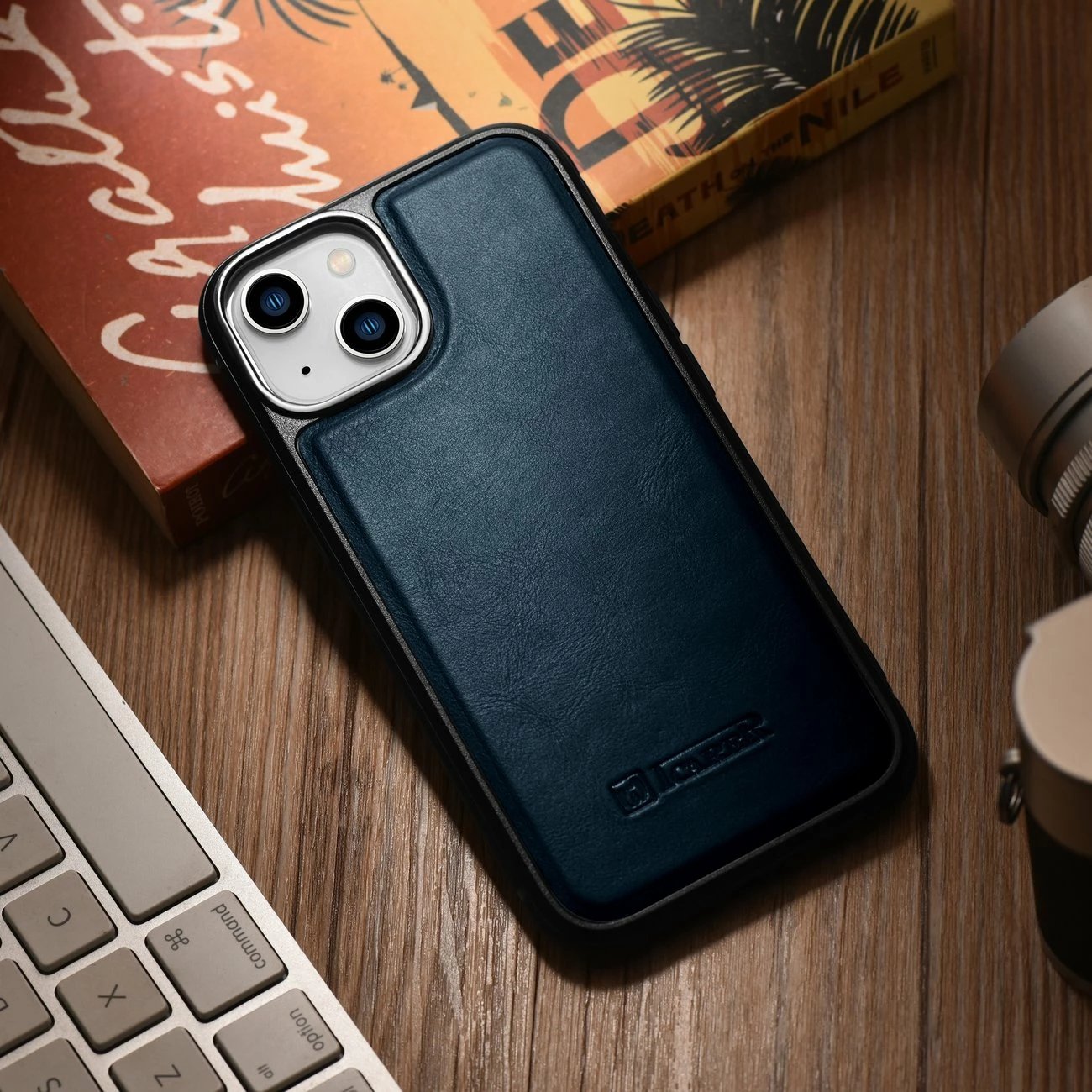 Mbështjellës iCarer për iPhone 14 Plus, lëkurë natyrale, Blu