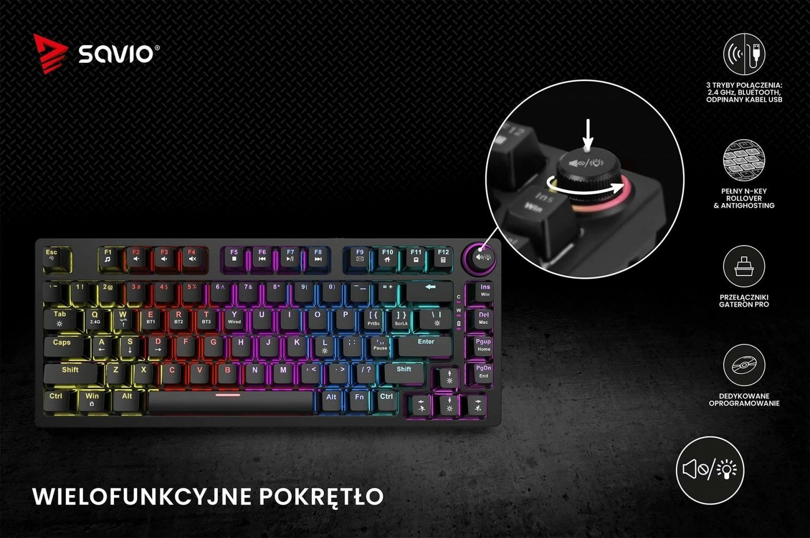 Tastierë mekanike wireless Savio Phenix, Gateron Red Pro, 82 taste, RGB, e zezë Tastierë mekanike wireless Savio Phenix, Gateron Red Pro, 82 taste, RGB, e zezë