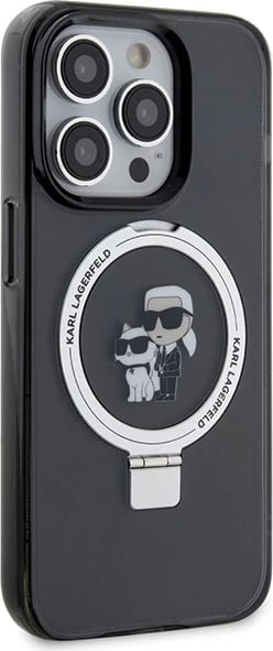 Mbështjellës Karl Lagerfeld KLHMP15LHMRSKCK për iPhone 15 Pro 6.1", me unazë Ring Stand Karl&Choupette, MagSafe, zi