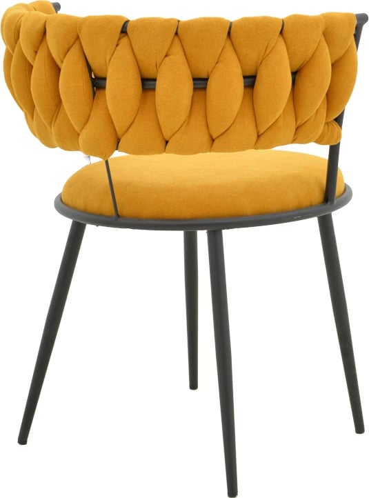 Karrige të ulëta Alkia I, set prej 2 copë, stof i verdhë, këmbë metalike të zeza, 57x58.5x72cm