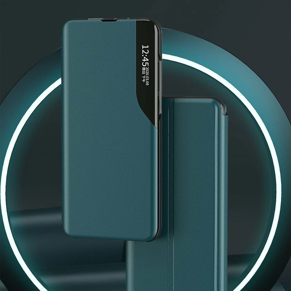 Mbështjellës Hurtel Eco Leather View Case për Samsung Galaxy A72 4G, me kapak dhe qëndrim, i zi