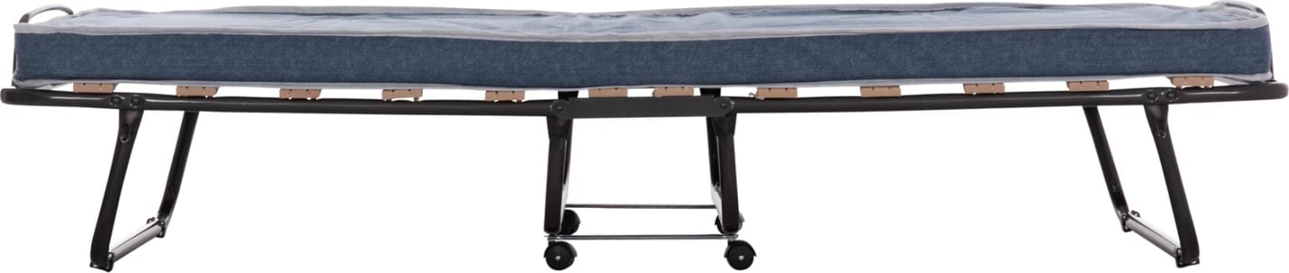Krevat palosës metalik me rrota, dyshek 6.5cm, pamje xhinse blu, 80x183x37.5cm