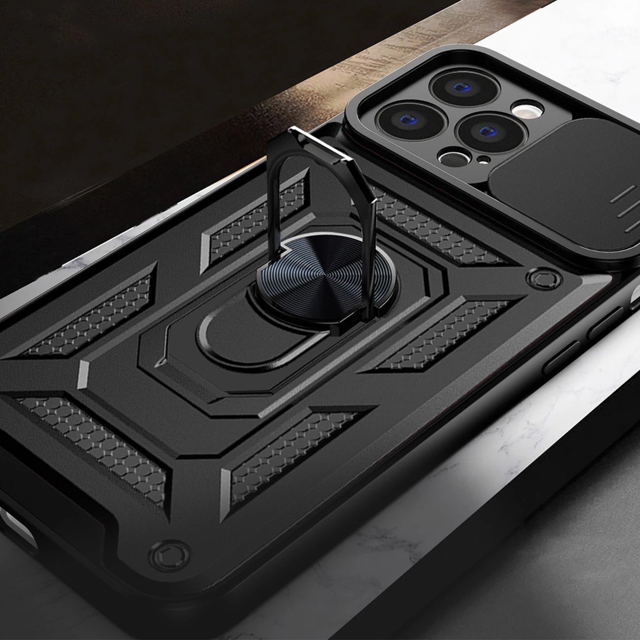 Mbështjellës Hurtel Hybrid Armor Camshield për iPhone 14 Pro Max, me kapak kamere, me unazë, Blu