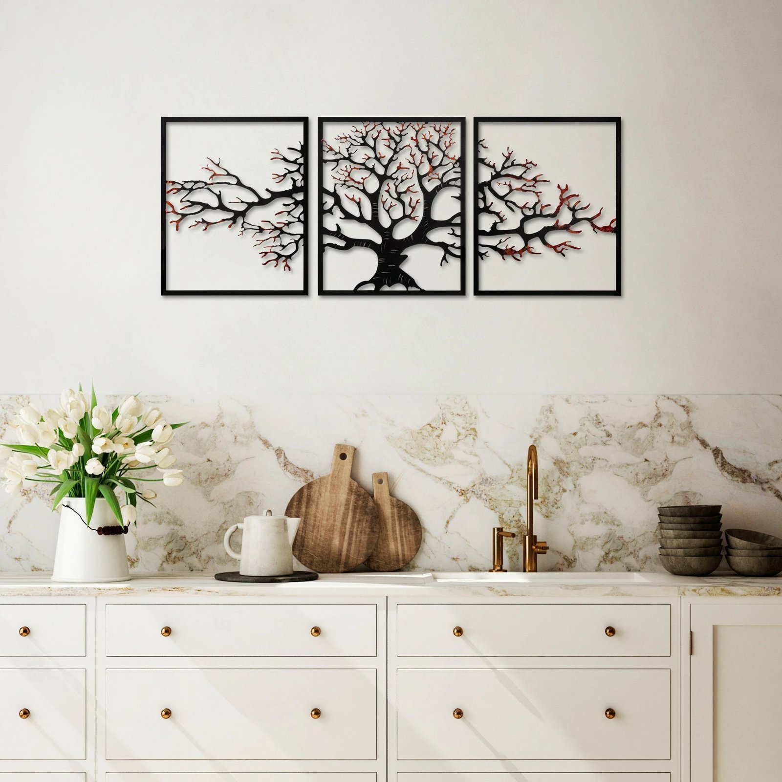 Aksesor dekorativ metalik për mur, pemë, 3 pjesë, Wallity, 48