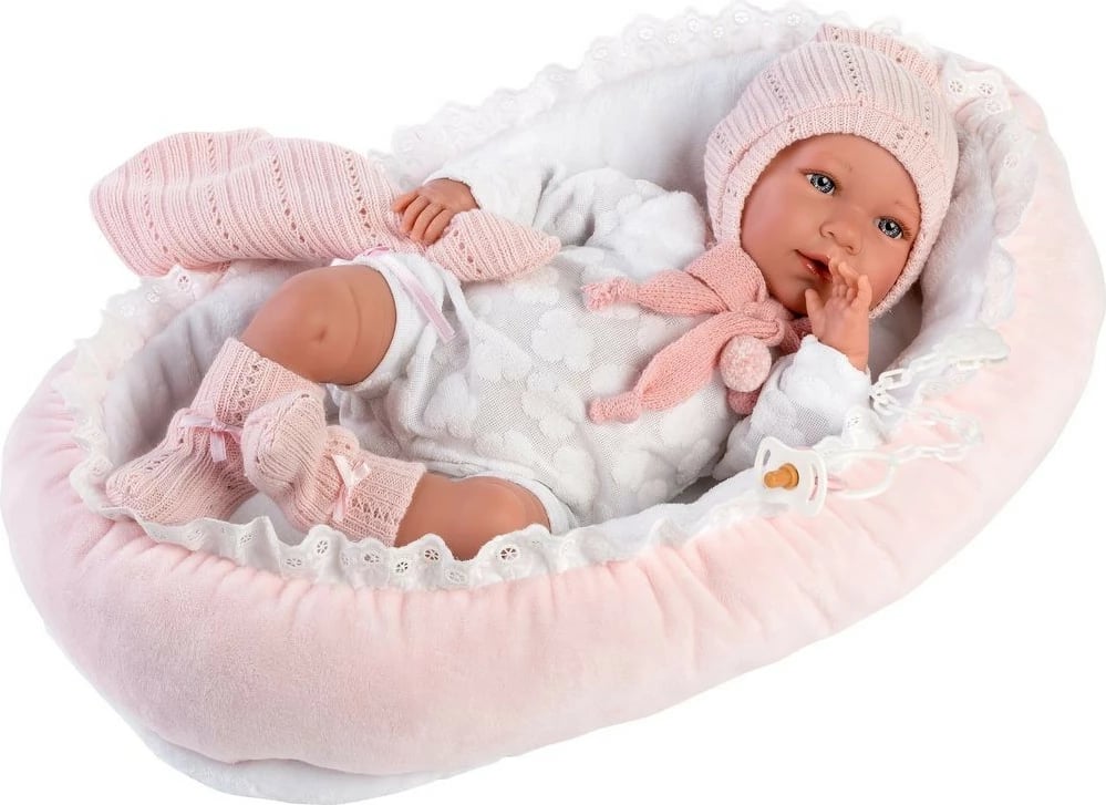 Kukull bebe Llorens Mimi 42 cm, pambuk dhe vinil, rozë