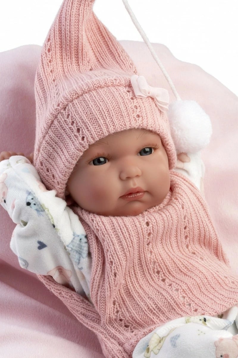 kukull vinili, Llorens, 63504 Bimba, 35 cm, gjymtyrë dhe kokë lëvizëse, set me veshje 4 pjesë + jastëk + cicë, rozë