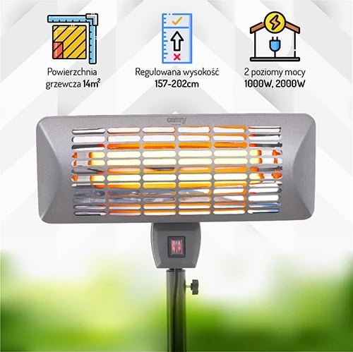 ngrohës terase në këmbë, Adler Camry CR 7737, 1000/2000W, elemente kuarci, IP24, zonë 14 m², lartësi 157–202 cm, gri
