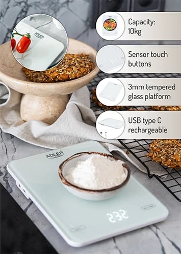 Peshore kuzhine, Adler, AD 3177, kapacitet 10kg, USB Type-C e rikarikueshme, platformë xhami 16x22cm, e bardhë