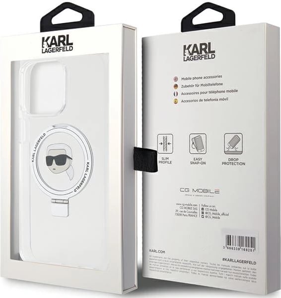 Mbështjellës Karl Lagerfeld KLHMP15LHMRSKHH për iPhone 15 Pro 6.1", me unazë Ring Stand, MagSafe, Bardhë
