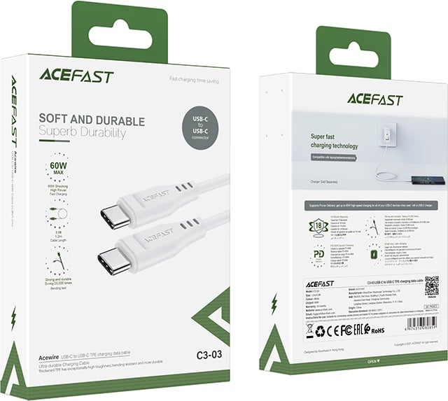 Kabllo Acefast C3-03 USB-C në USB-C, 1.2m, 60W, e bardhë