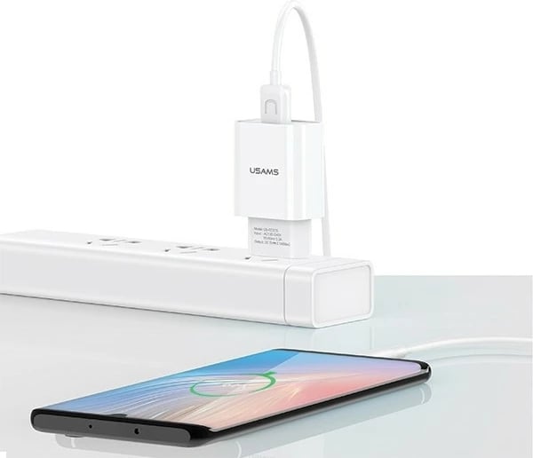Adapter energjie USAMS T21 me USB 2.1A dhe kabllo USB-C 1m, Bardhë