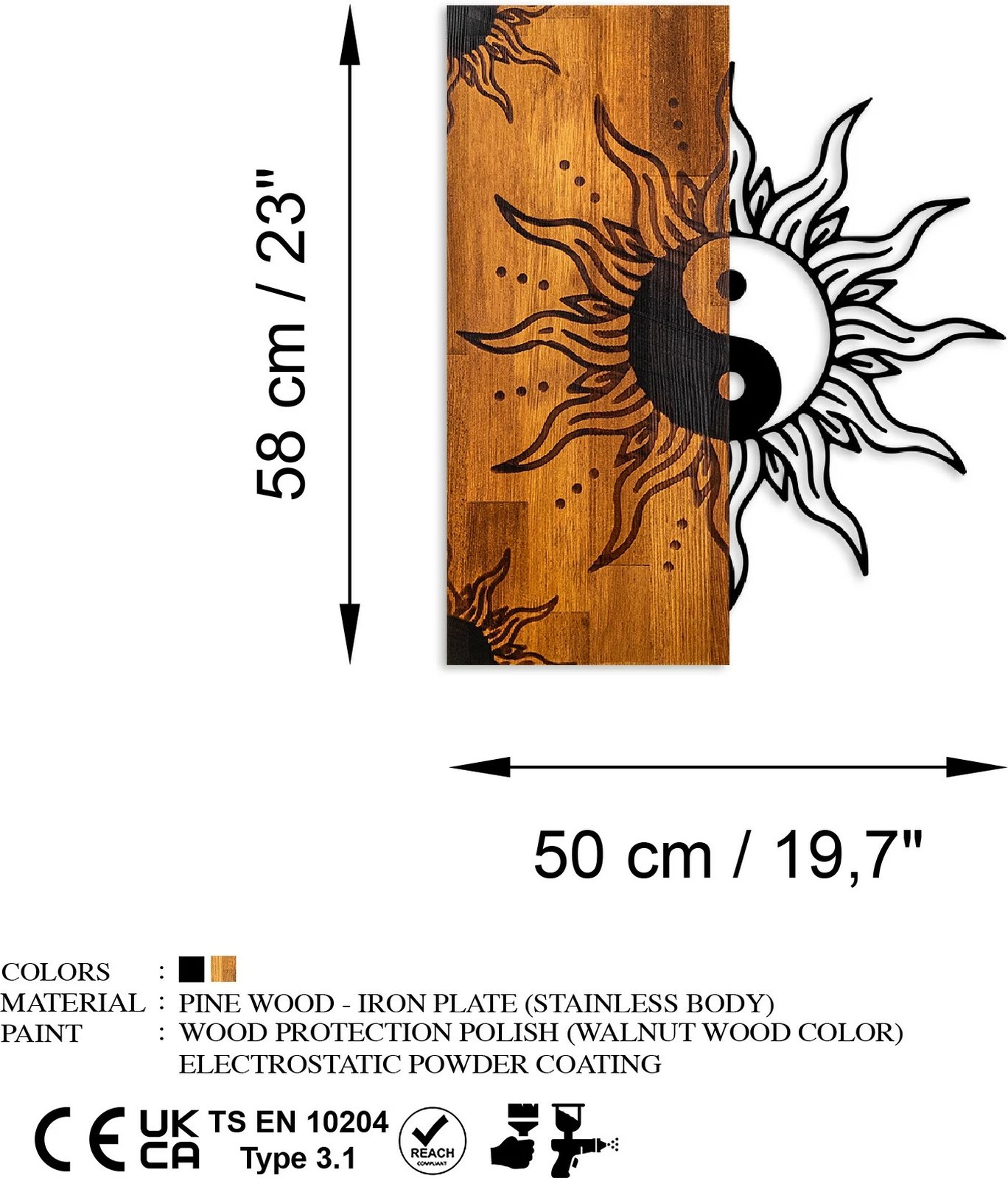 Aksesor dekorativ muri prej druri, Yin Yang, Wallity, ngjyrë arre, e zezë