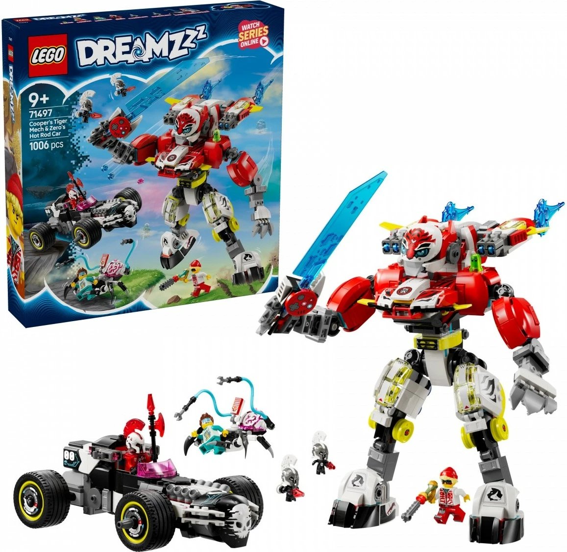 Set LEGO DREAMZzz Tiger Mech Cooper dhe Hot Rod Zero 71497, 1006 pjesë, plastikë, për fëmijë 9+ vjeç, ekstra i madh