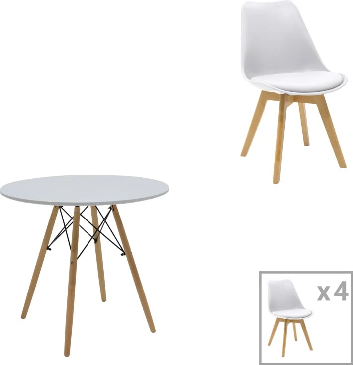 Set tavoline me karrige Julita-Gaston, MDF dhe dru fagu, ngjyrë e bardhë-natyrale, D80x73cm, 5 copë