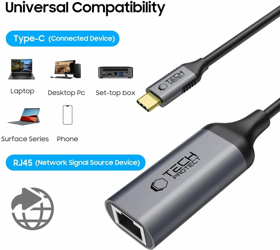 Adapter USB-C në Ethernet Tech-Protect UltraBoost, 1 Gbps, i zi