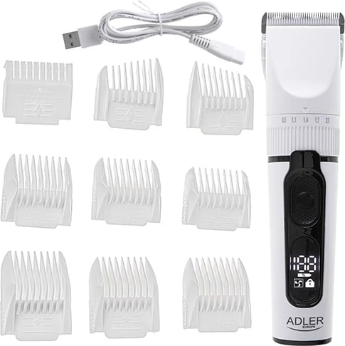 Makinë qethëse Adler AD 2839, LCD, IPX6, bateri 2000mAh, karikim USB-C, me krehëra 3–18 mm, e bardhë Makinë qethëse Adler AD 2839, LCD, IPX6, bateri 2000mAh, karikim USB-C, me krehëra 3–18 mm, e bardhë