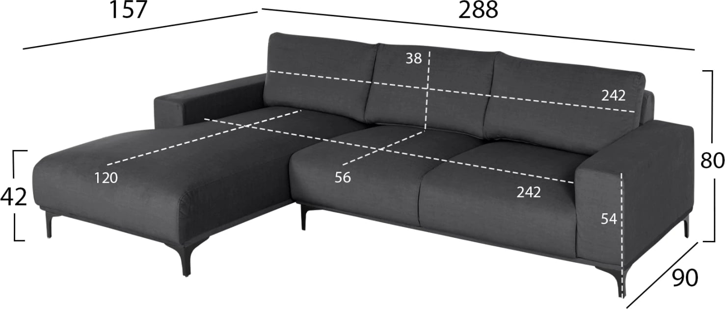 Divan qoshe (majtas) NOA FH3278.02L, pëlhurë antracit, 288x90-157x67-80H cm