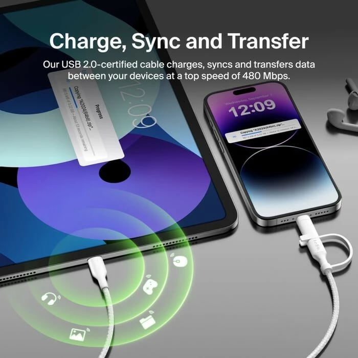 Kabëll 2‑n‑1 USB‑C/Lightning Belkin CAC003HQ1.5MWH 1.5 m 60 W USB 2.0 i bardhë