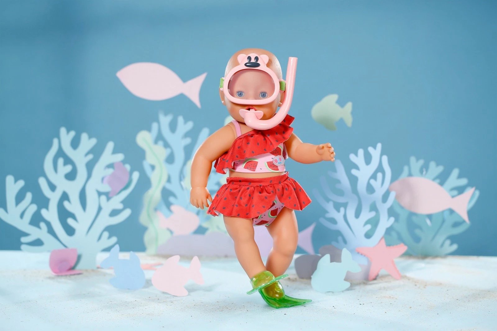 set zhytjeje për kukull, Baby Born, 836996-116724, përshtatje për kukulla 43 cm, me maskë snorkelingu dhe pala noti, rozë e kuqe