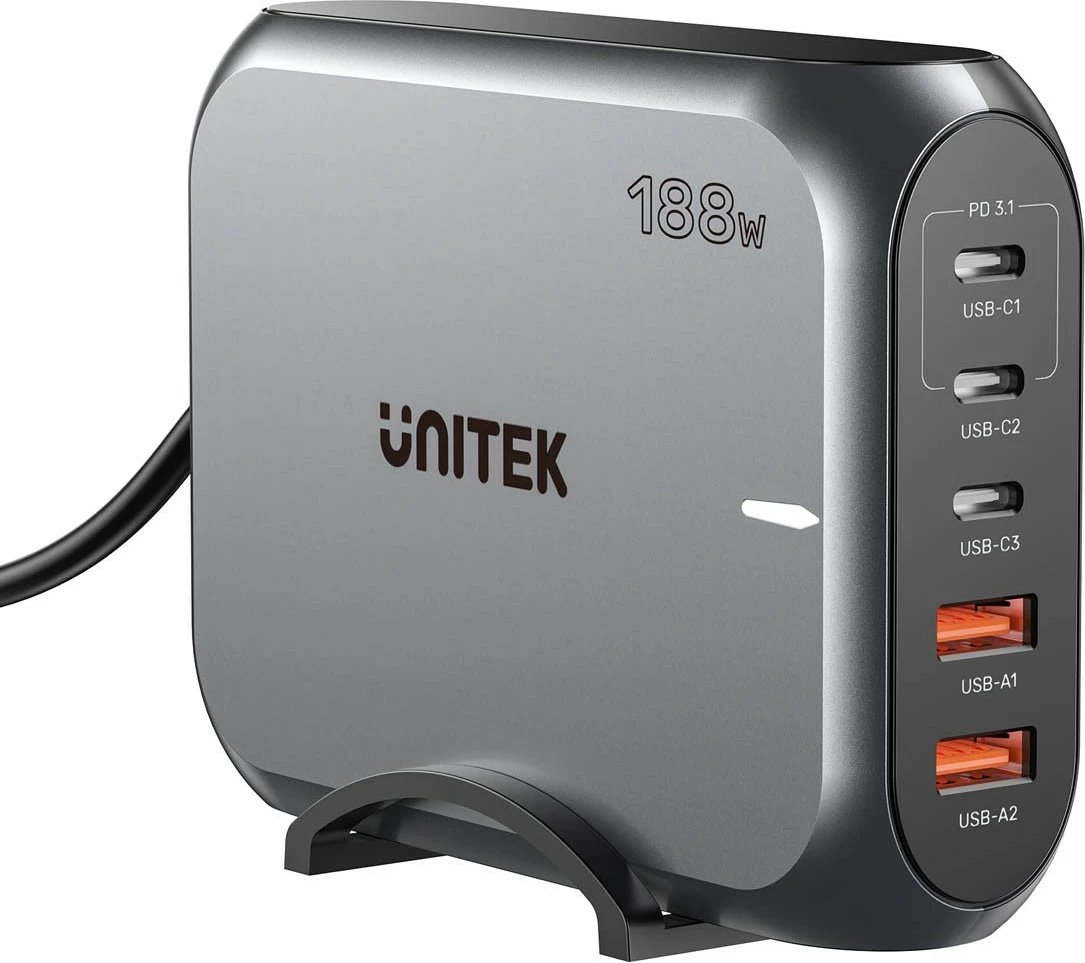 Karikues rrjeti Unitek GAN 188W, 2xUSB-A, 3xUSB-C, gri