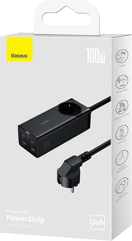 Kasë karikues Baseus GaN3 Pro, 100W, 2x USB-C + 2x USB, prizë AC, e zezë