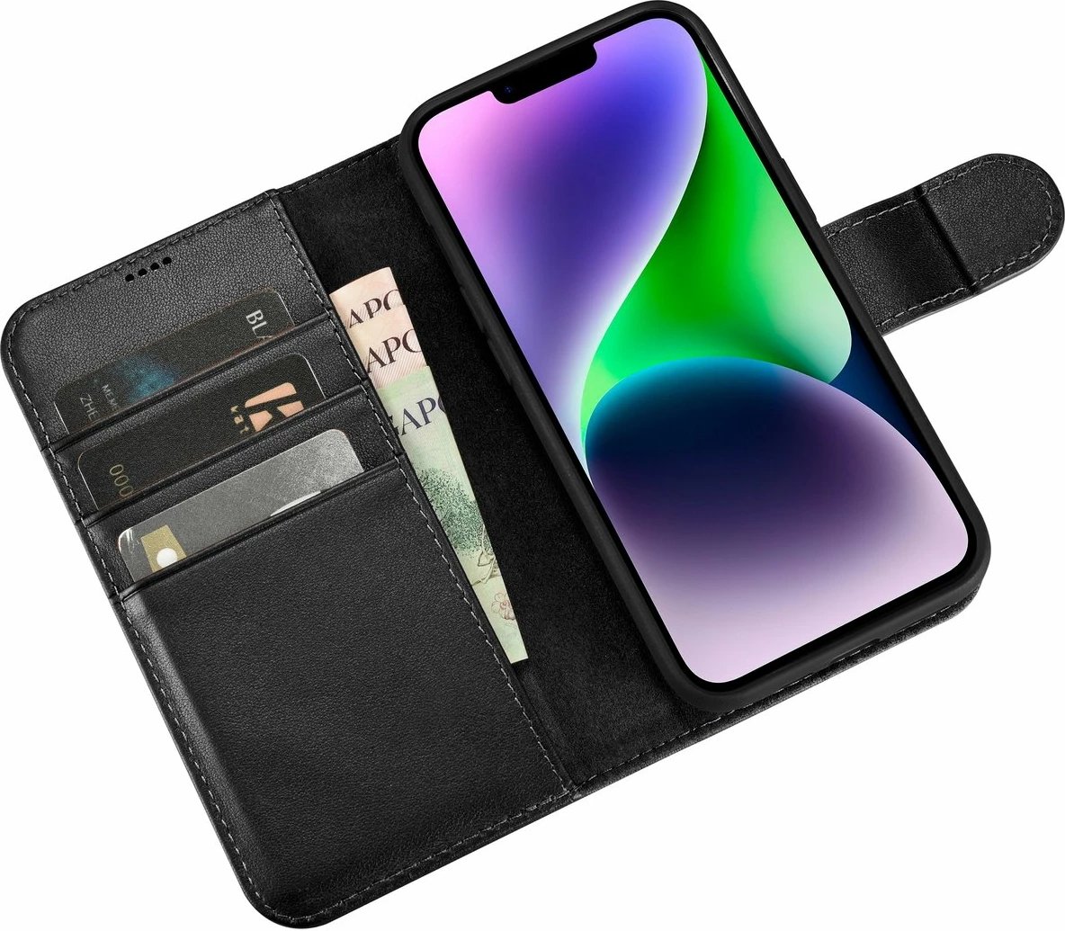 Mbështjellës iCarer Wallet Case 2in1 për iPhone 14 Plus, lëkurë natyrale, Anti-RFID, e zezë