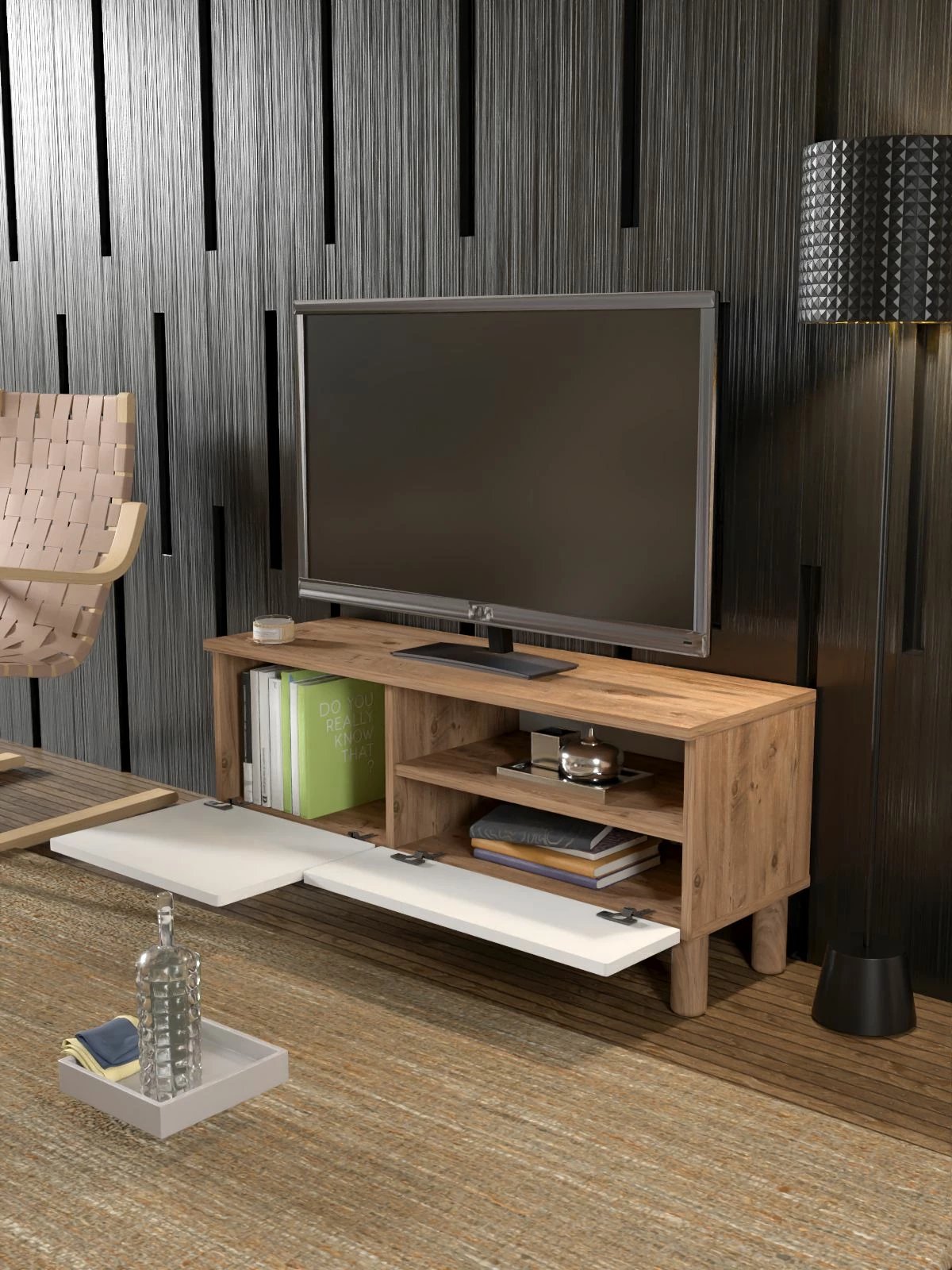 Komodë TV Skye Decor, Bellora 105, ngjyrë pishë Atlantike dhe e bardhë