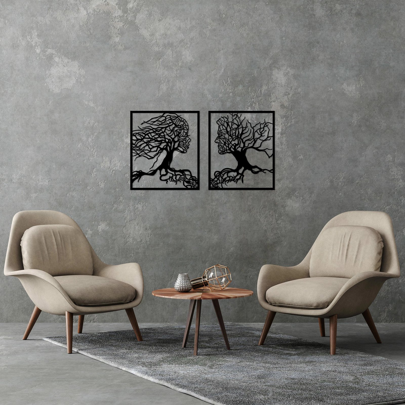 Aksesor dekorativ metalik për mur, Wallity, pemë mashkull dhe femër, 2 copë, 50x58cm