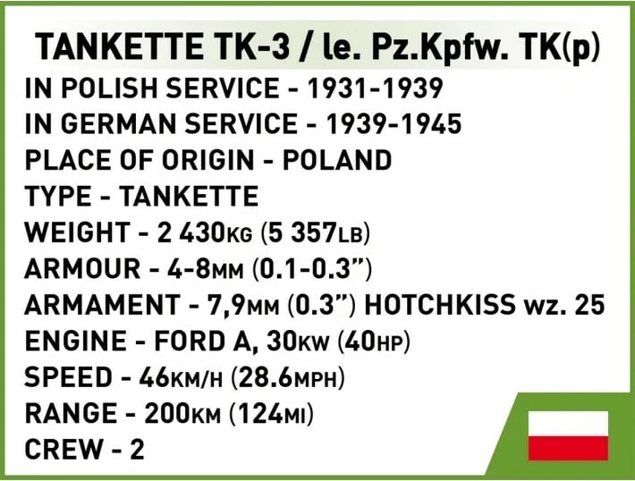 Set blloqesh Tankette TK-3 Cobi Klocki, 323 pjesë, me figurë, Jeshile