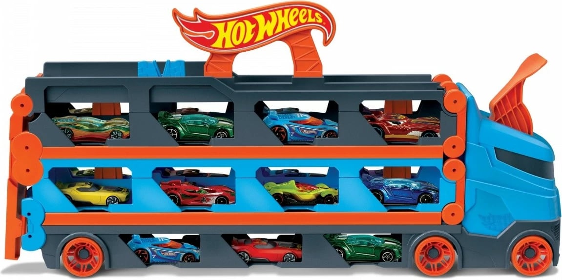 Kamion lodër Hot Wheels Race Transporter 2-in-1 me 3 makina, kaltër/hiri/portokalli
