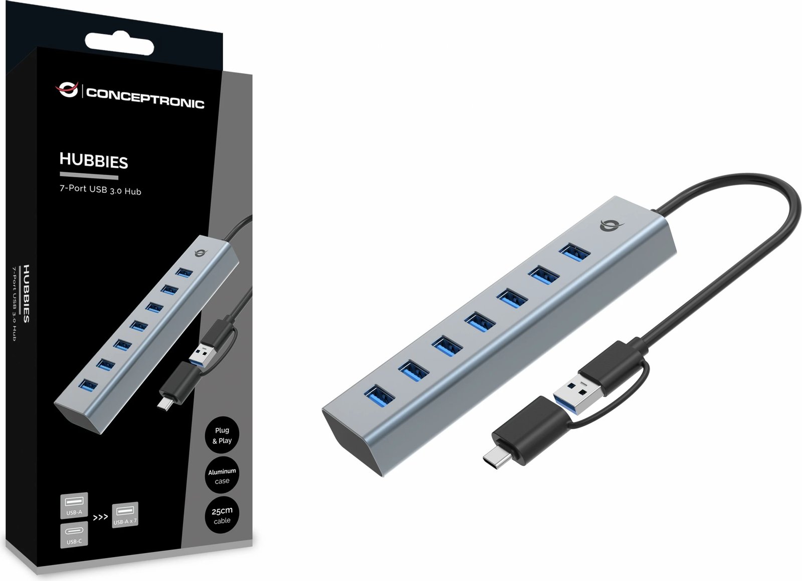 USB hub Conceptronic 7 porta, USB 3.0/USB-C, gri