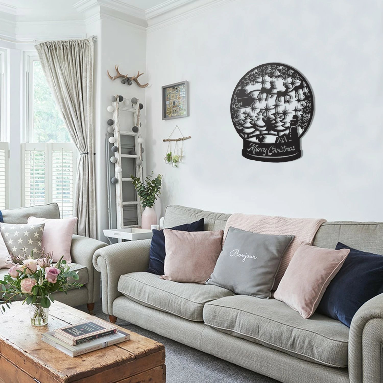 Aksesor dekorativ metalik për mur, Wallity, Merry Christmas, i zi, 50x50cm