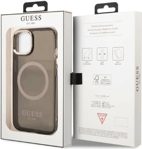 Mbështjellës Guess Gold Outline Translucent MagSafe për iPhone 13, i zi