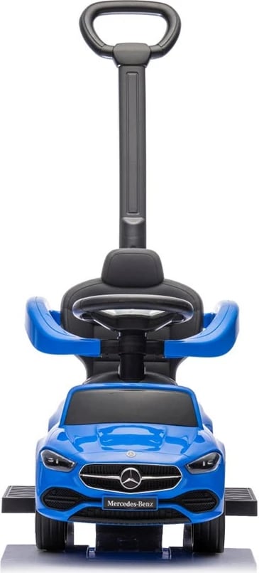 makinë ride-on me dorezë udhëzuese, Milly Mally Mercedes C-Class Deluxe, sedilje eko-lëkurë, goma gome, tinguj timoni, ngarkesë 25 kg, 12–36 muaj, blu