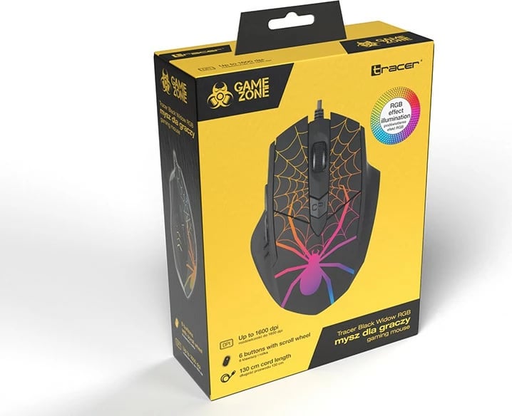 Maus gaming Tracer Black Widow, optik me kabllo USB 1.3 m, 800-1600 DPI, 6 butona, RGB, i zi