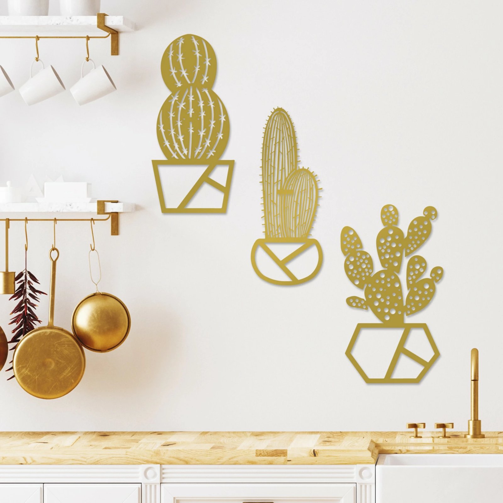 Aksesor dekorativ metalik për mur, kaktus, ngjyrë ari, set prej 3 copash
