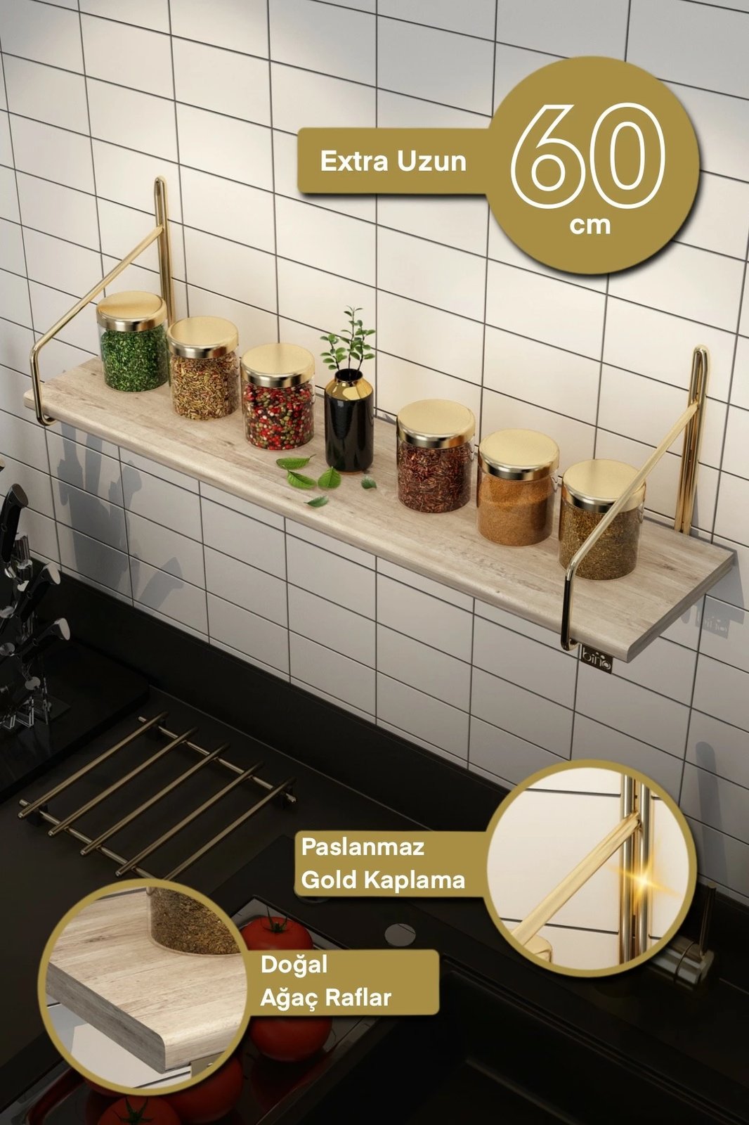 Raft muri Hanah Home, 60 cm, ngjyrë ari dhe kafe, ekstra i gjatë