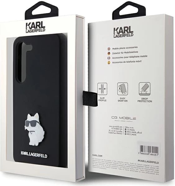 Mbështjellës Karl Lagerfeld Silicone Choupette Metal Pin për Samsung Galaxy S23, i zi