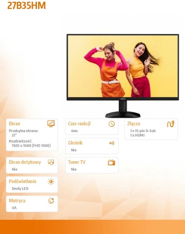 Monitor AOC 27B35HM, 27", VA, 100Hz, FHD, i zi