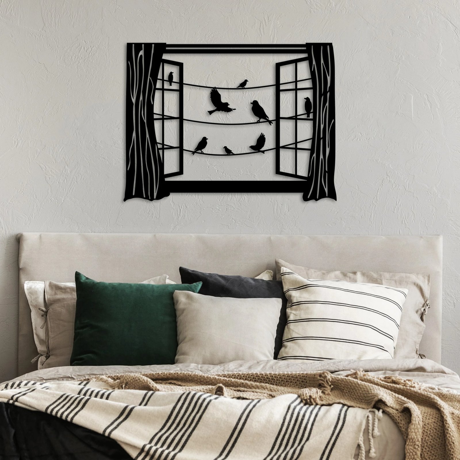 Aksesor dekorativ metalik për mur, zogj para dritares, Wallity