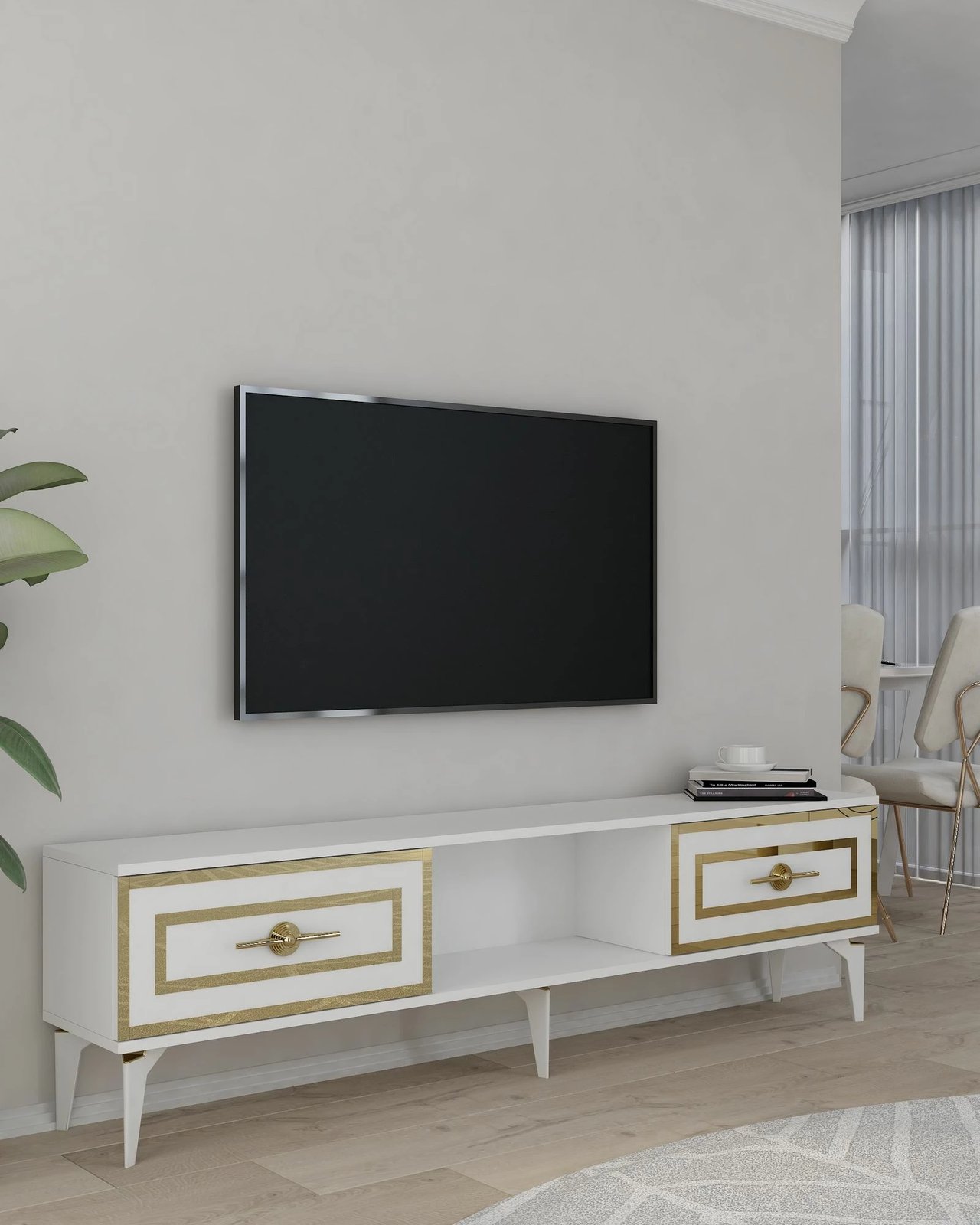 Komodë TV Skye Decor, e bardhë, e artë