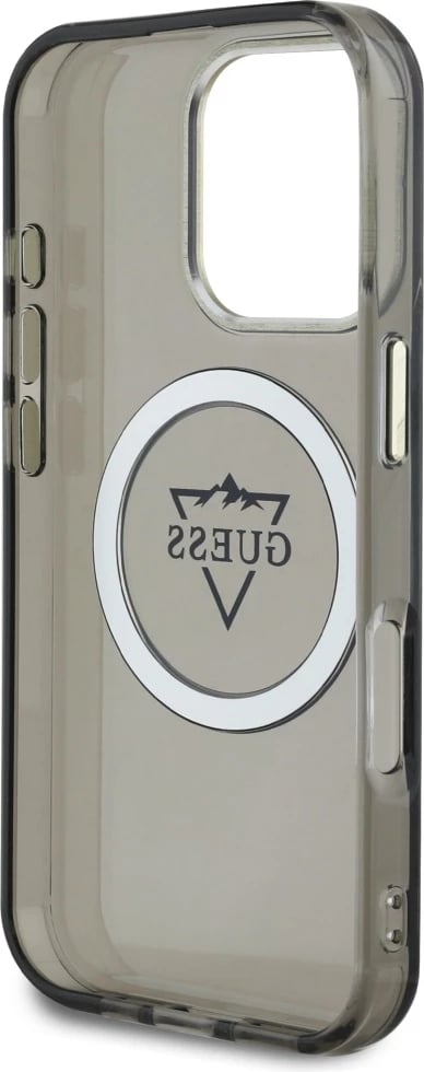 Mbështjellës Guess IML Metal Mountain Logo MagSafe për iPhone 16 Pro, i zi