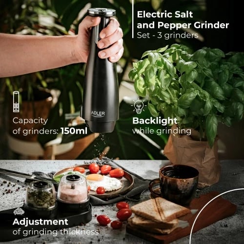 Mulli elektrik për kripë dhe piper, Adler AD 4449, rregullim trashësisë, kapacitet 150 ml, bateri 1500mAh, USB-C, e zezë mat, set 3 mullinj