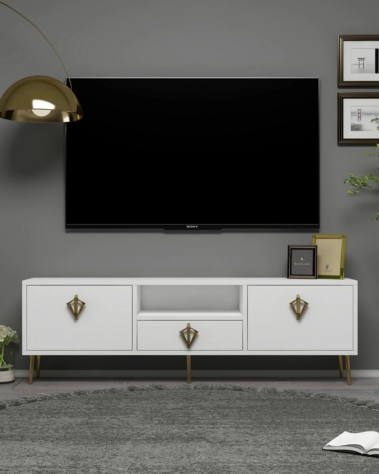 Komodë TV Skye Decor, e bardhë, e artë, 1313-DROP-32