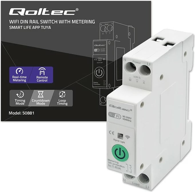 Relé Wi-Fi Qoltec 50881 për shina DIN, matës energjie, 63A, e bardhë