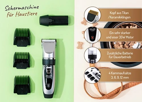 Makinë qethëse për kafshë, Adler AD 2823, 35W, kokë titan me teh qeramike, me ose pa kabllo, 4 krehra 3–12 mm, karikim USB, set me bateri rezervë Makinë qethëse për kafshë, Adler AD 2823, 35W, kokë titan me teh qeramike, me ose pa kabllo, 4 krehra 3–12 mm, karikim USB, set me bateri rezervë