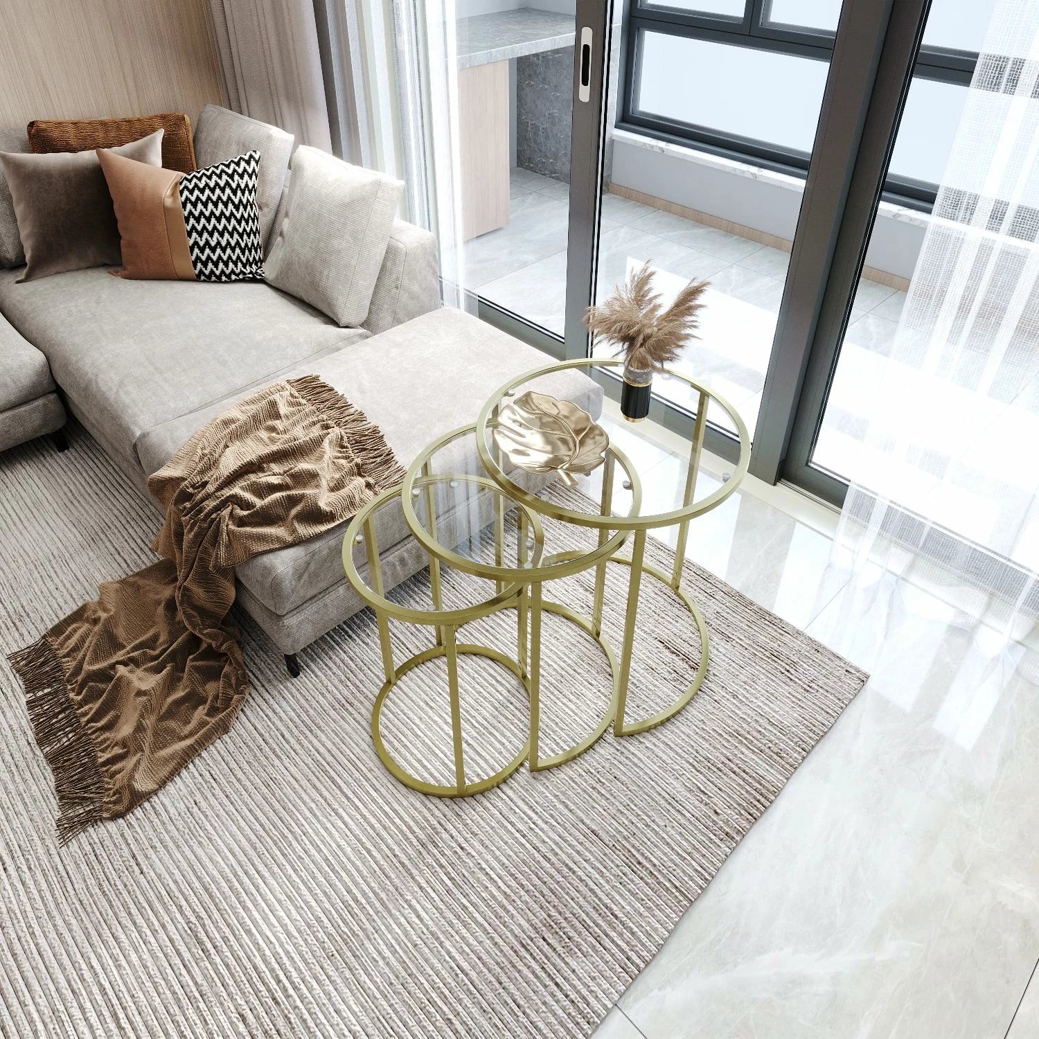 Set tavolinash të vogla, 3 copë, Hanah Home Alya, ngjyrë ari, xham transparent