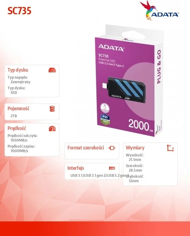 Disk i jashtëm SSD Adata SC735, 2TB, USB 3.2 Gen2 Type-C, Zi/Blu