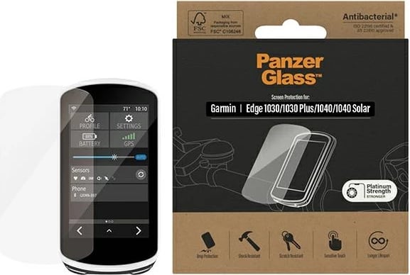 Mbrojtës ekrani qelq i temperuar, PanzerGlass Ultra-Wide Fit, për Garmin Edge 1030/1030 Plus/1040/1040 Solar, antibakterial
