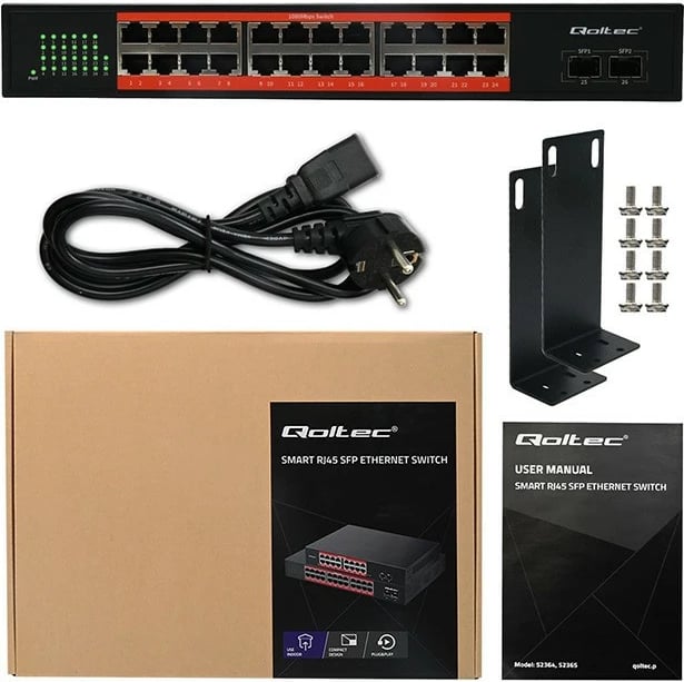 Switch Qoltec 52365, 24x RJ45 Gigabit PoE, 2x SFP, 1000 Mbps, pa menaxhim